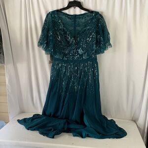 JJ House A-line Floor-Length Chiffon Lace Mother of the Bride Dress Peacock 16